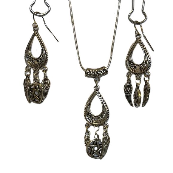 Teardrop Dangle Angel Wings Pentagram Star 925 Necklace 18" Matching Earrings - Picture 2 of 14